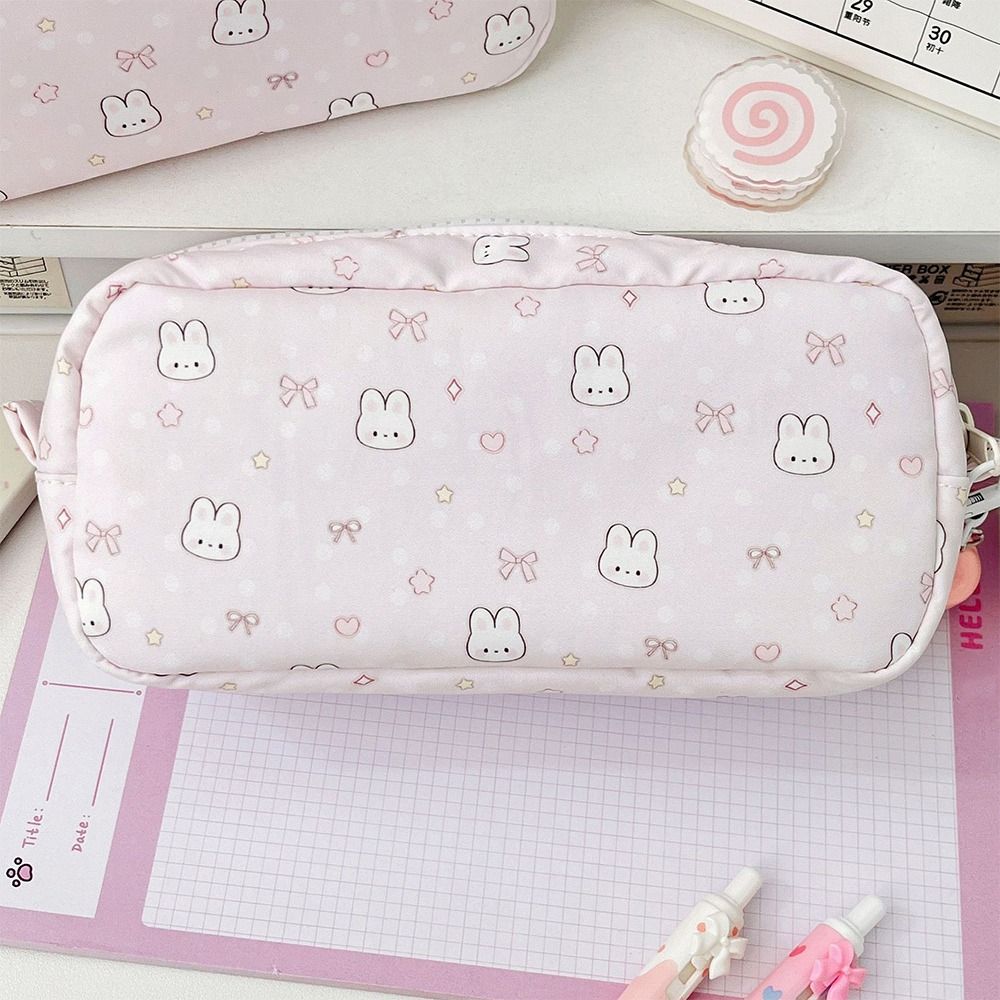 Durable Bowknot Rabbit Pen Bag Soft Touch Multi-functional Pencil Case Stationery Storage Bag Back To School