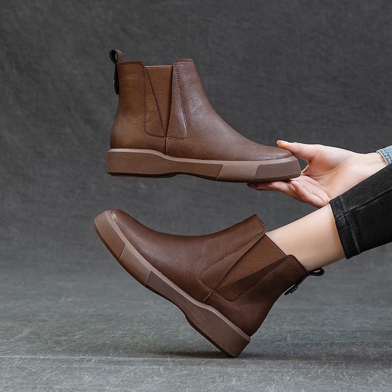 Martin Boots Women's New British Style Spring and Autumn Single Boots Chelsea Boots Flat Leather Short Boots Slim Boots