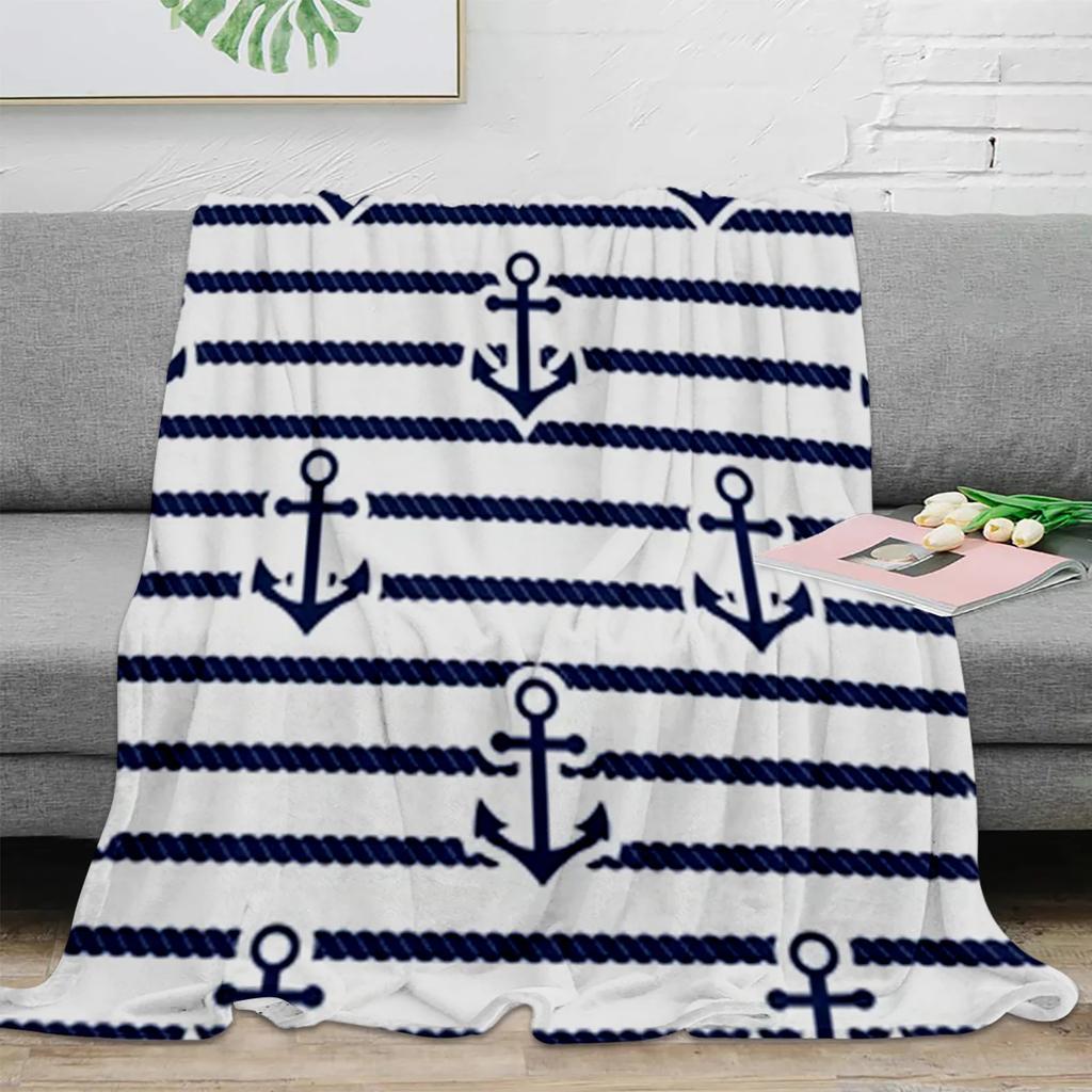 Nautical Blue Anchor Rudder Boat Fish Lighthouse Flannel Blanket Travel Picnic Blanket Portable Soft Bedspread Blankets for Beds