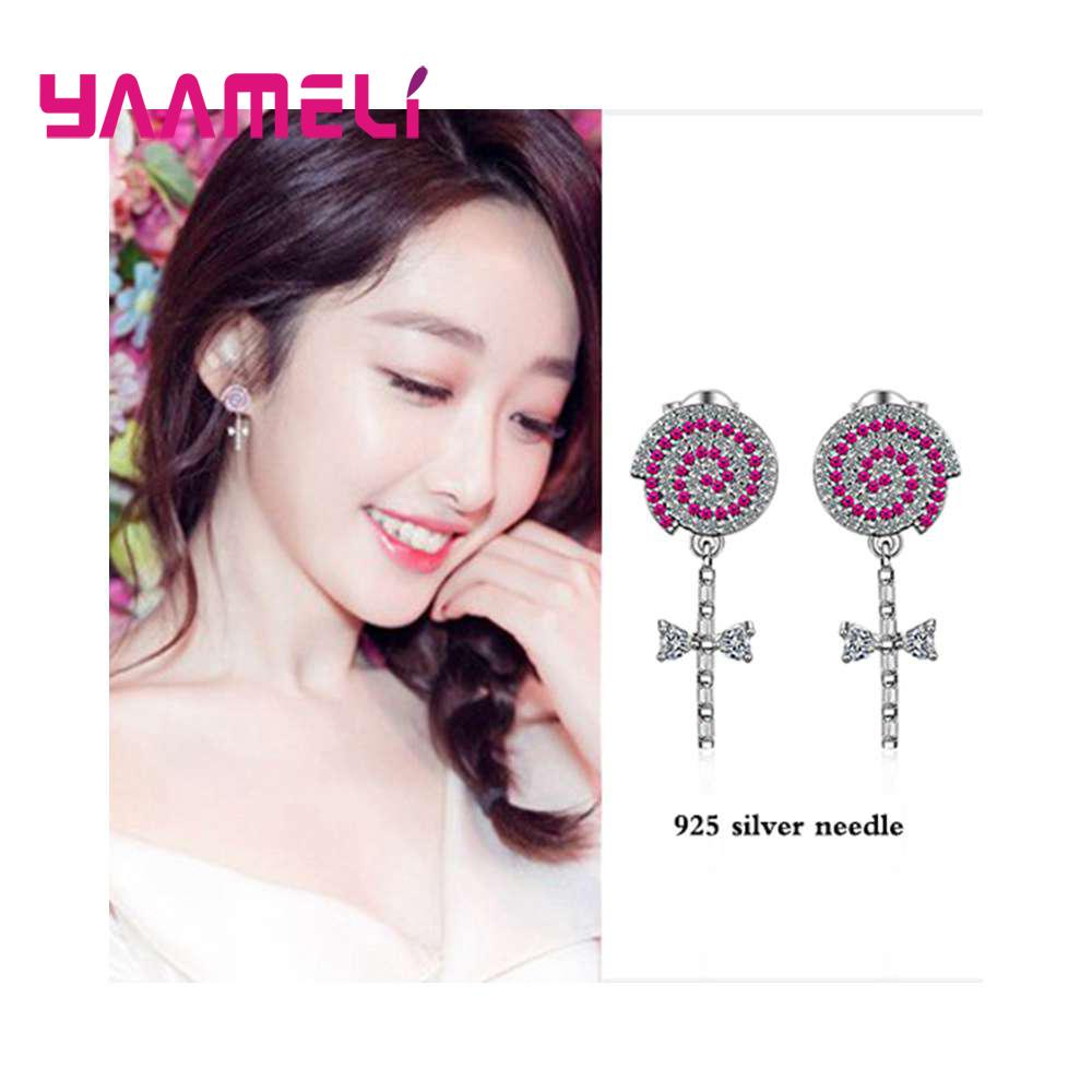

Design Sweet Lollipop Earrings For Woman 925 Sterling Silver Fushia Crystal Full Paved Long Earrings For Sale