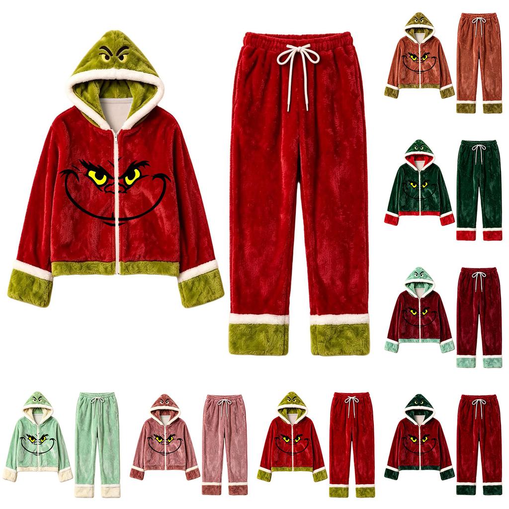 Women's Casual Loose Fit Winter Holiday Print Lined Hooded Pajama Set with Pants