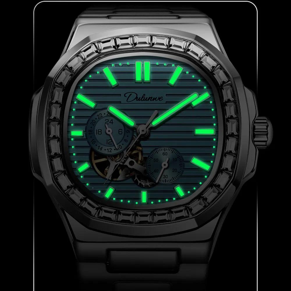 Dulunwe Zirconia Diamond Skeleton Automatic Mechanical Watch Men's Casual Sky Blue Wrist Watches Multifunctional Waterproof Luxury Clock