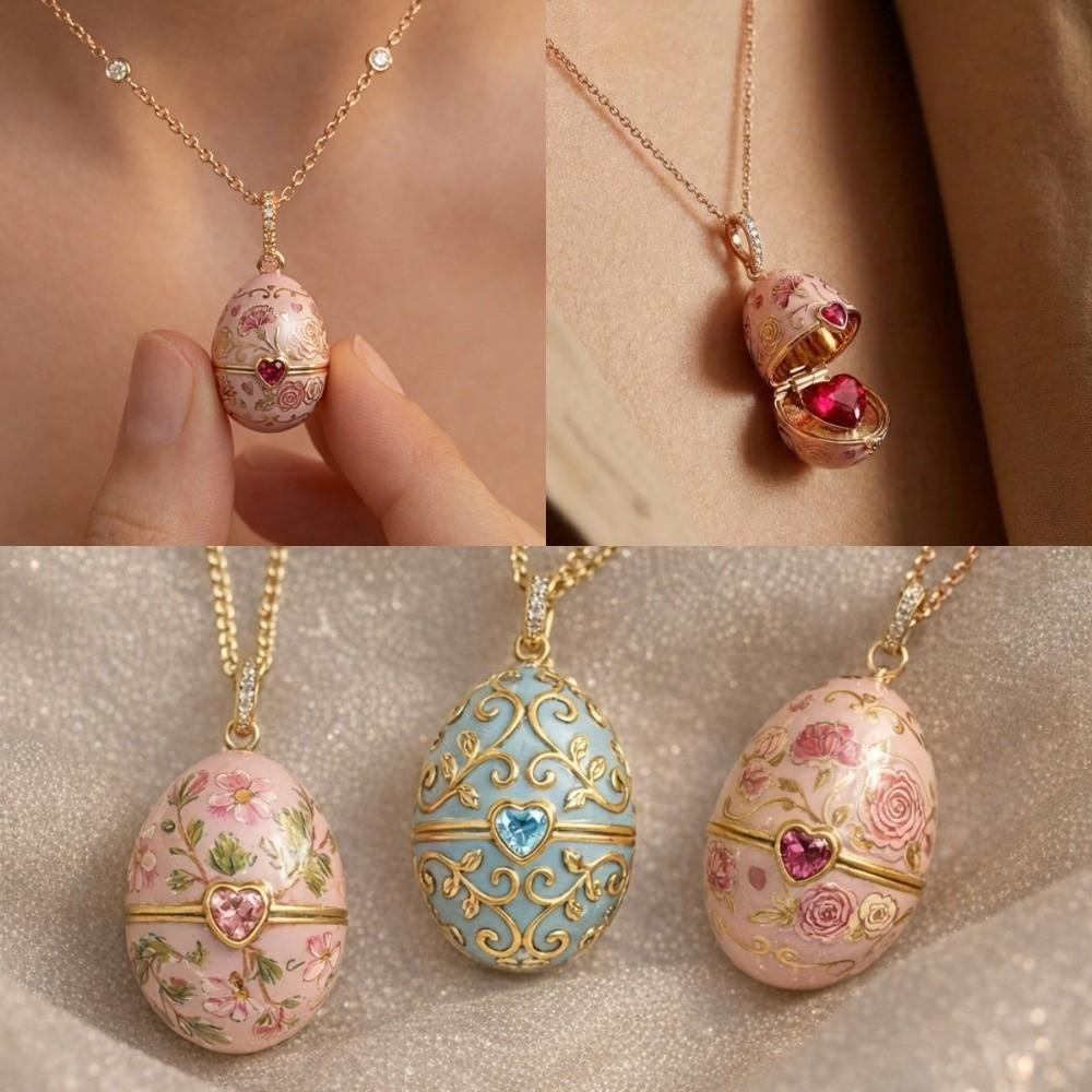 Surprise Opening Chain Choker Flower Heart Clavicle Chain Enamel Egg Necklace Gift for Friends Mom