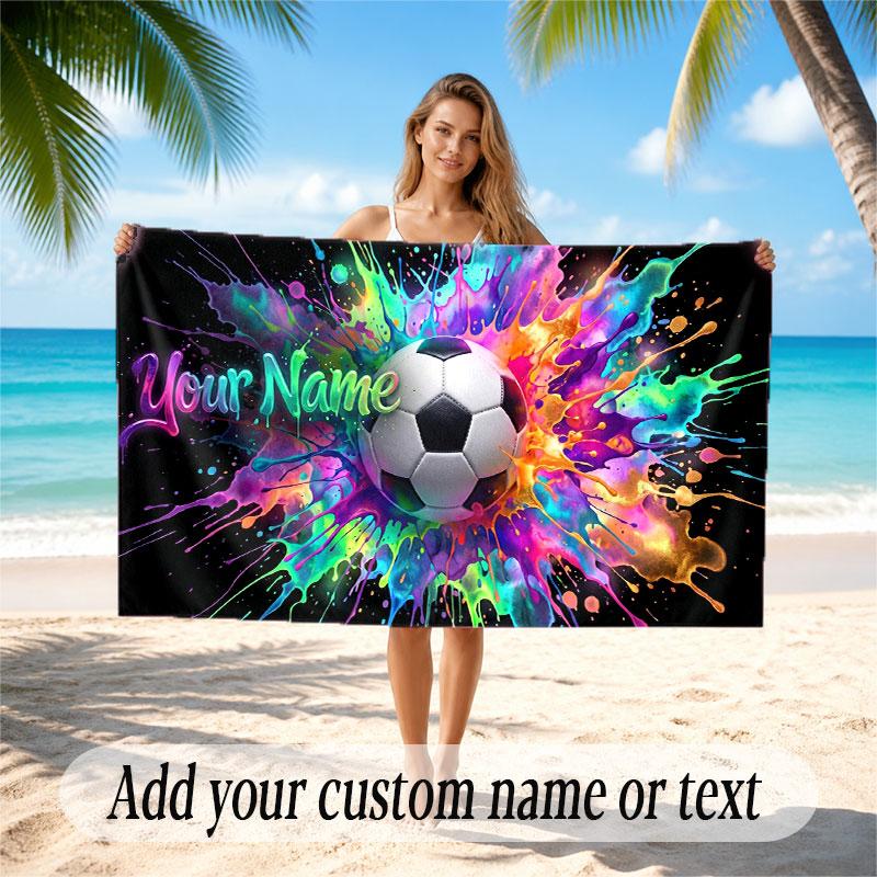 Soccer Theme Beach Towel Personalized Custom Name & Text Soft Quick Dry Beach Towel for Swimming Travel