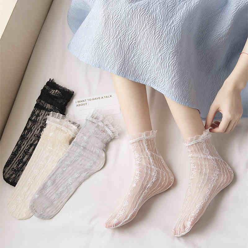 Japan Style Sexy Lace Ruffle Socks Ultra-thin Transparent Summer Hollow Mesh Crew Socks Women Fashion Harajuku Retro Socks
