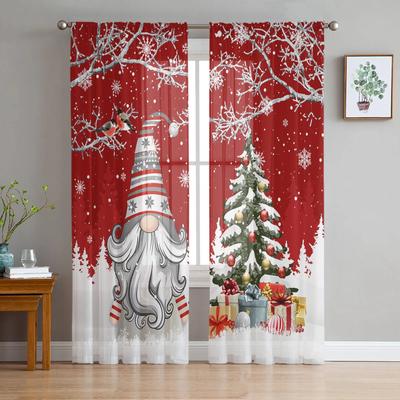 Christmas Snow Scene Snowflakes Gnome Red Sheer Curtains for Living Room Decoration Window Curtains Kitchen Tulle Voile Curtains