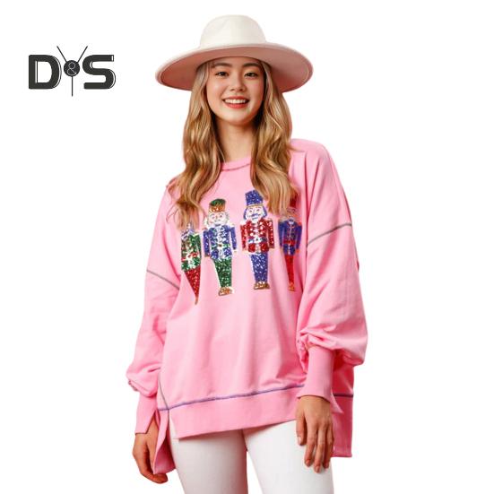 Women Sweatshirt Sequin Cartoon Pattern Slit Hem Round Neck Long Sleeves Christmas Style New Year Party Performance Top