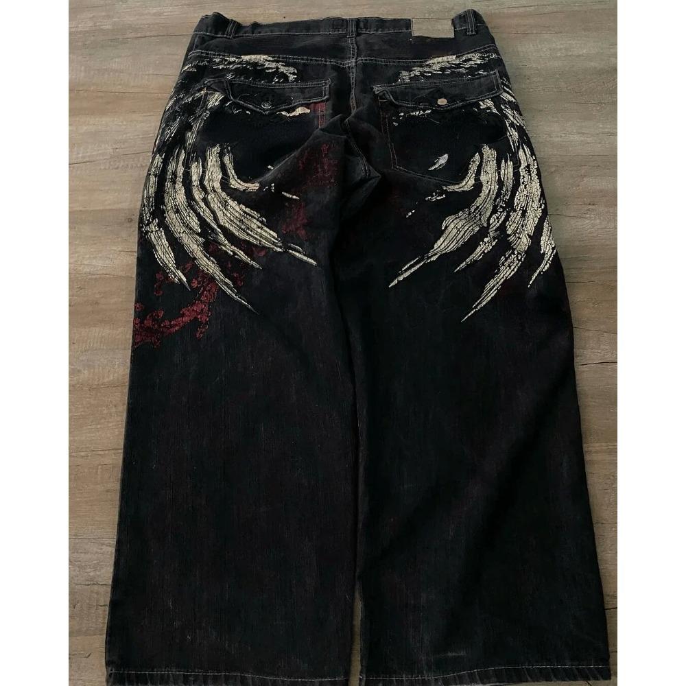 ZYLLO American Retro High Street Y2K Personalized Patchwork Letter Embroidered Jeans Gothic Fashion Wide-leg Denim Trousers