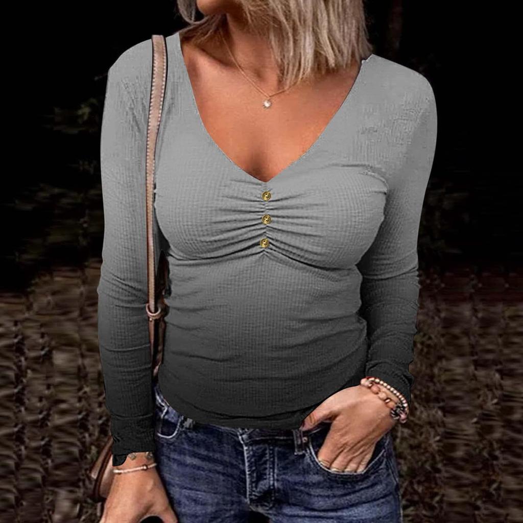 Fashion Womens Tops Casual V Neck Tunic Tops Striped Button Pullover Sweatshirt  Casual T-shirt Top