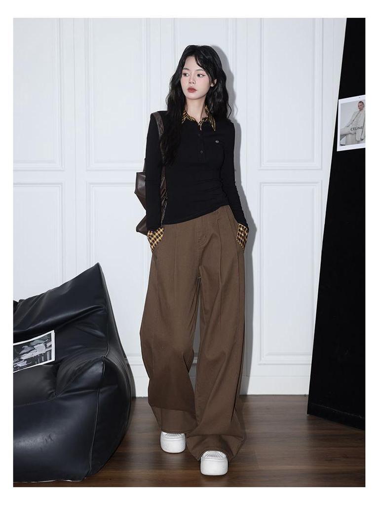 Design Sense Women's Plaid Patchwork Long Sleeve Collared Slim-Fit T-Shirt for Autumn