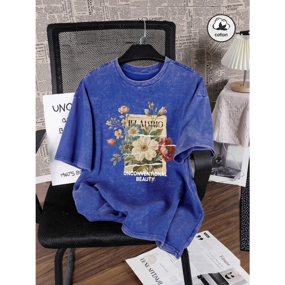 Unkonventionelle Schönheit Blumenprint Gewaschene T-Shirts Baumwolle All-Match Damen T-Shirt Y2K Lockere Kleidung Sport Kurzarm