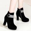 Fashionable Women's Red Wedding Shoes Autumn/winter Fleece-lined Thick Heel Short Boots Cotton Round Head Warm High Heels
