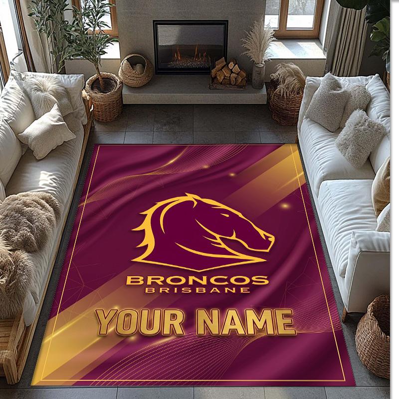 Brisbane Broncos Crystal Velvet Rug, Custom Name Text Personalized Non‑Slip Floor Mat for Home Decor Gift