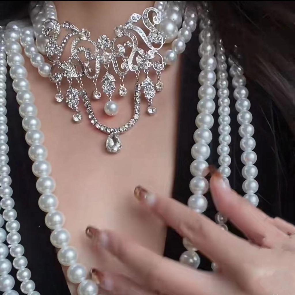 Multi Layer Simulated Pearls Necklace Adjustable Length Clavicle Chain Layering Neckchain Handmade Jewelry For Women