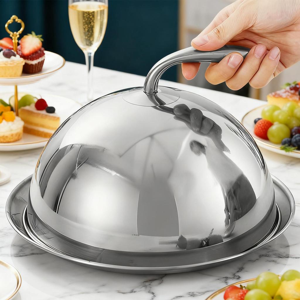 Stainless Steel Steak Cover Round Dish With Lid Oil Proof Meal Cover Kitchen Cooking Tools Teppanyaki Dome Dish Home