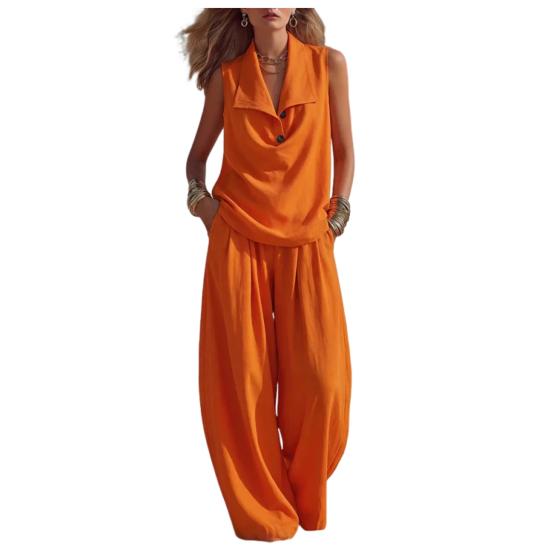 

Women s Summer Sleeveless 2 Piece Sets Button Up Lapel V Neck Top Wide Leg Pants Casual Vacation Outfits with Pockets S помаранчевий