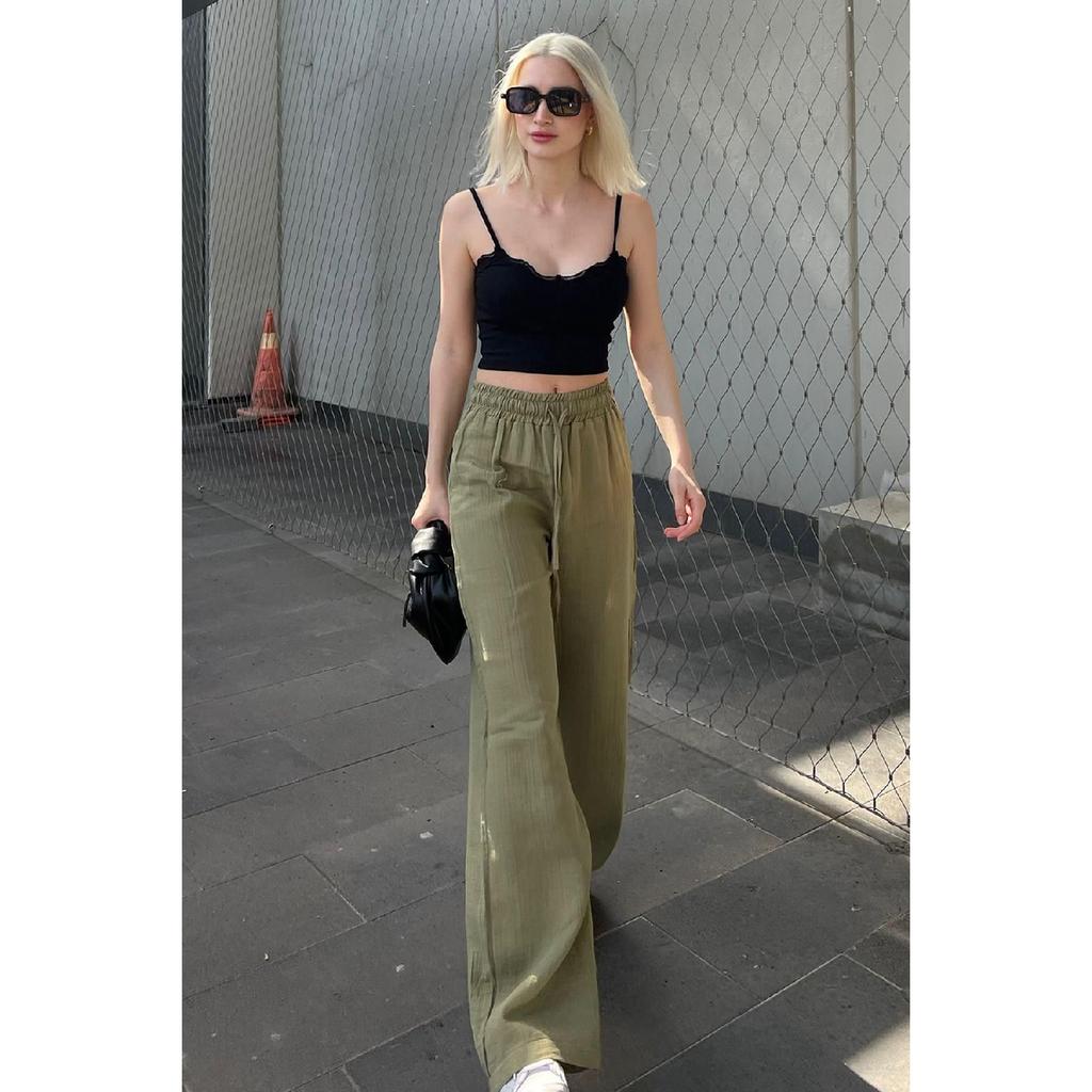 Grüne Weitbeinige Musselin Damen Hose Mg1980