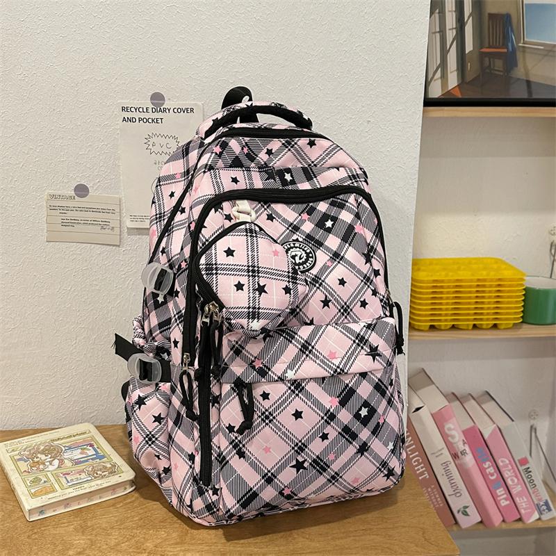 Large Capacity Plaid Backpack Women's Star Printed Student School Bag with Coin Purse