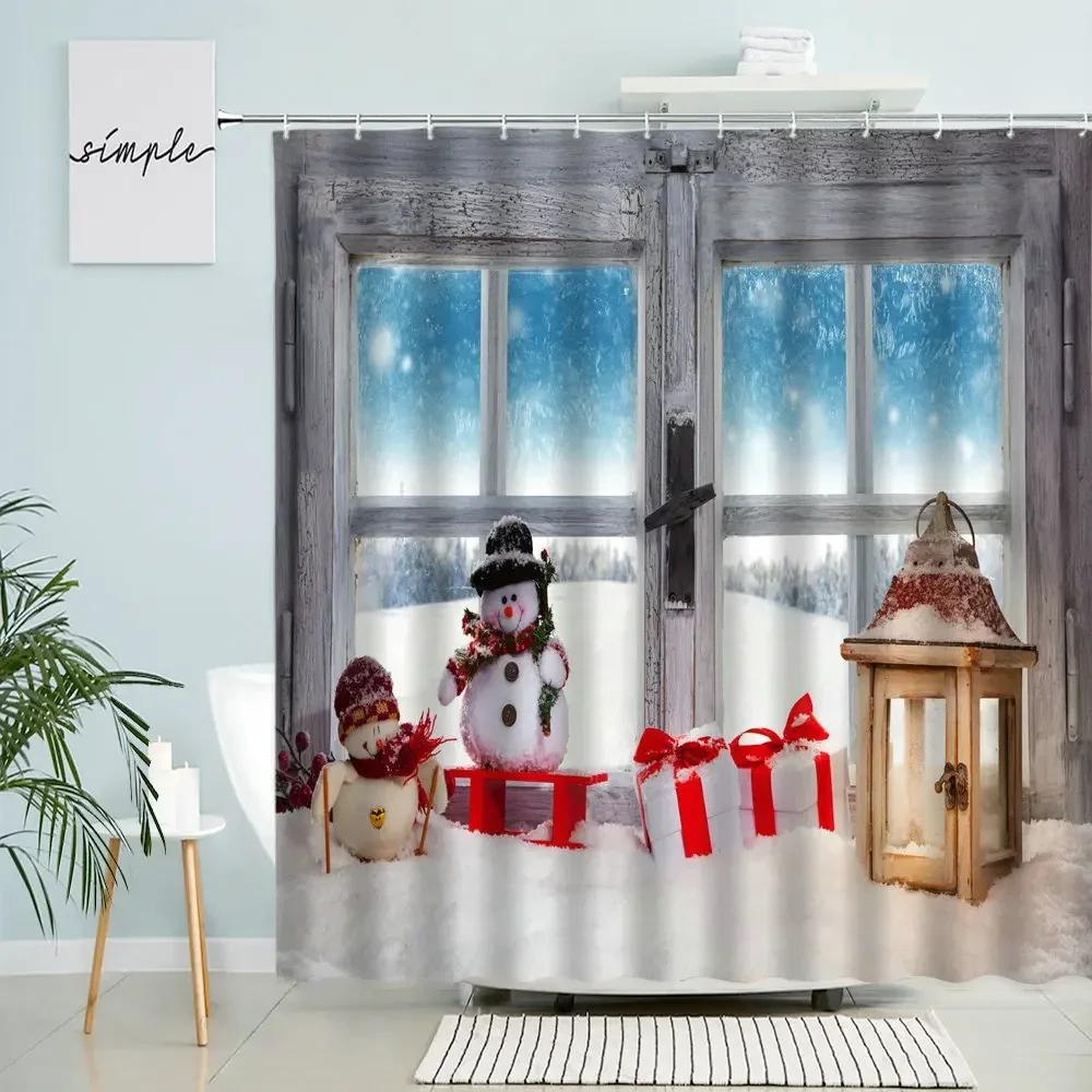 Merry Christmas Shower Curtain Winter Window Scene Snowman Holiday Gift New Year Home Bathroom Decor With Hook Screen Washable