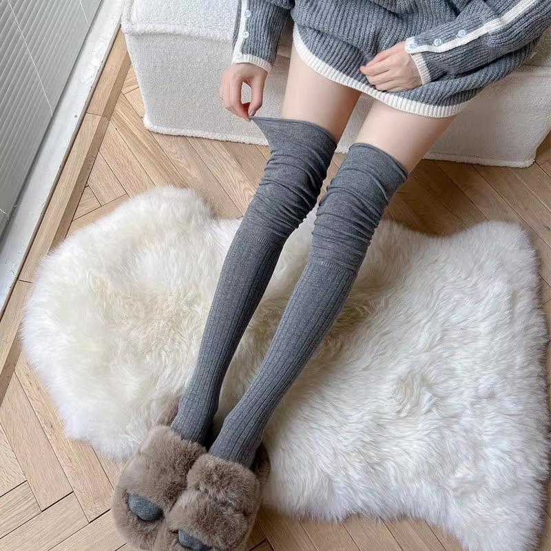 Women Knitting Thigh High Stockings Solid Color Over Knee Socks Soft Warm Leg Warmer Female Long Socks