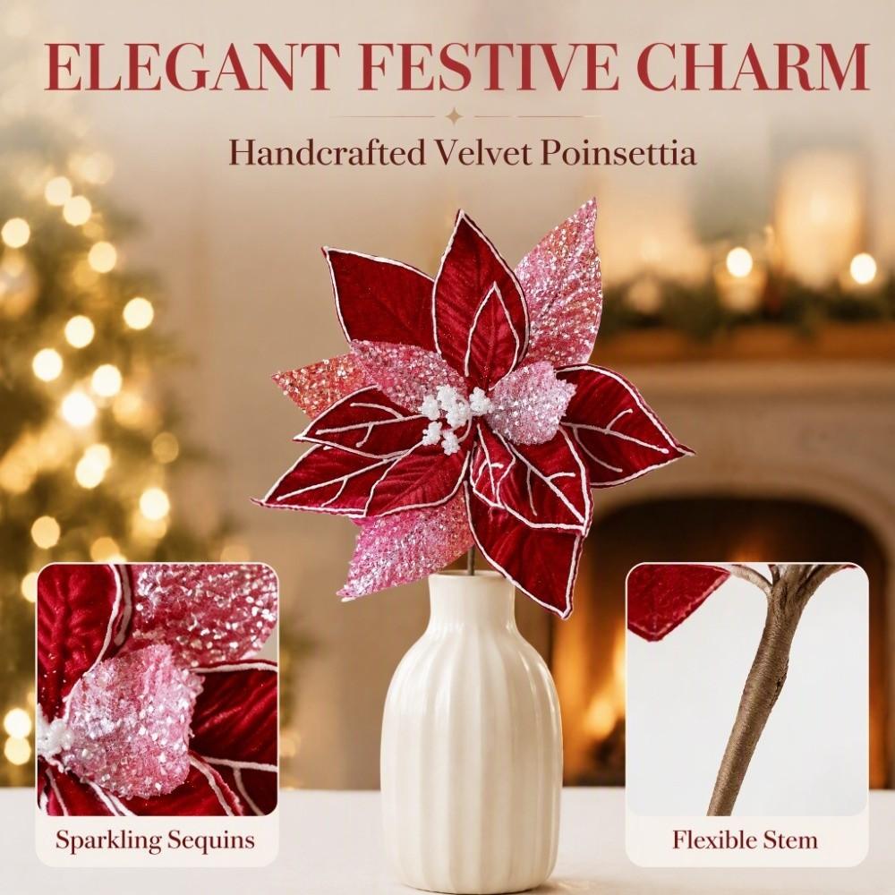 with Stem Sequin Velvet Christmas Flower Colorful Christmas Decor Flower  New Year Gift