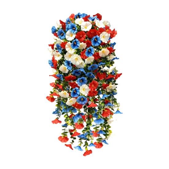 

Patriotic Red White Blue Hanging Flowers Artificial Morning Glory Flower Vine UV Resistant Fake Plants for 4th of July Memorial 1 Set