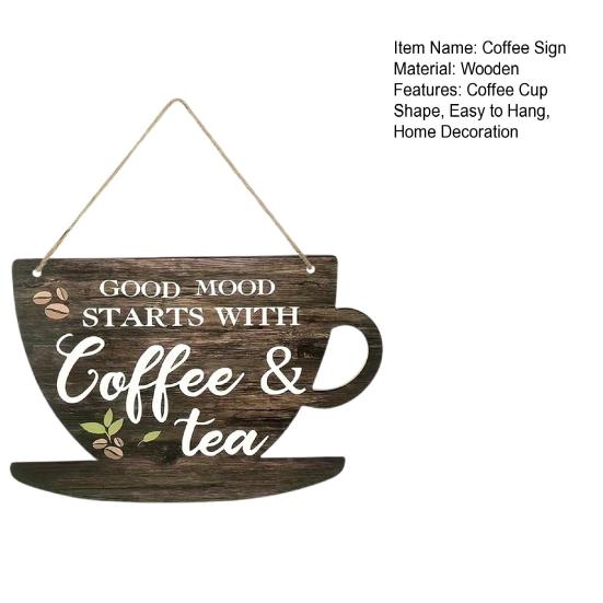 Wooden Coffee Cup Hanging Sign Good Mood Starts with Coffee Tea Door Plaque Kitchen Cafe Coffee Corner Wall Hanging Decoration Ornament