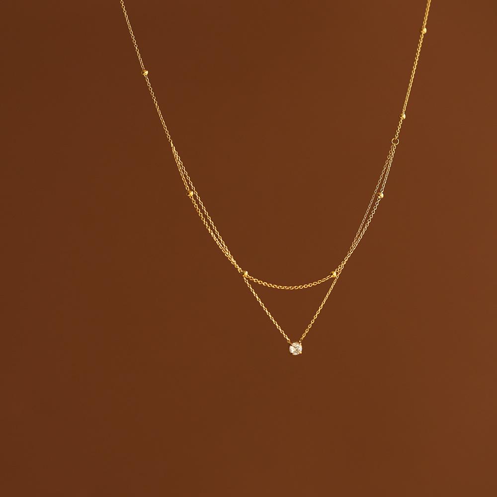 Exquisite Double Layer CZ Diamond & Gold Bead Clavicle Necklace, Stainless Steel Vacuum Plated Color Retention Jewelry