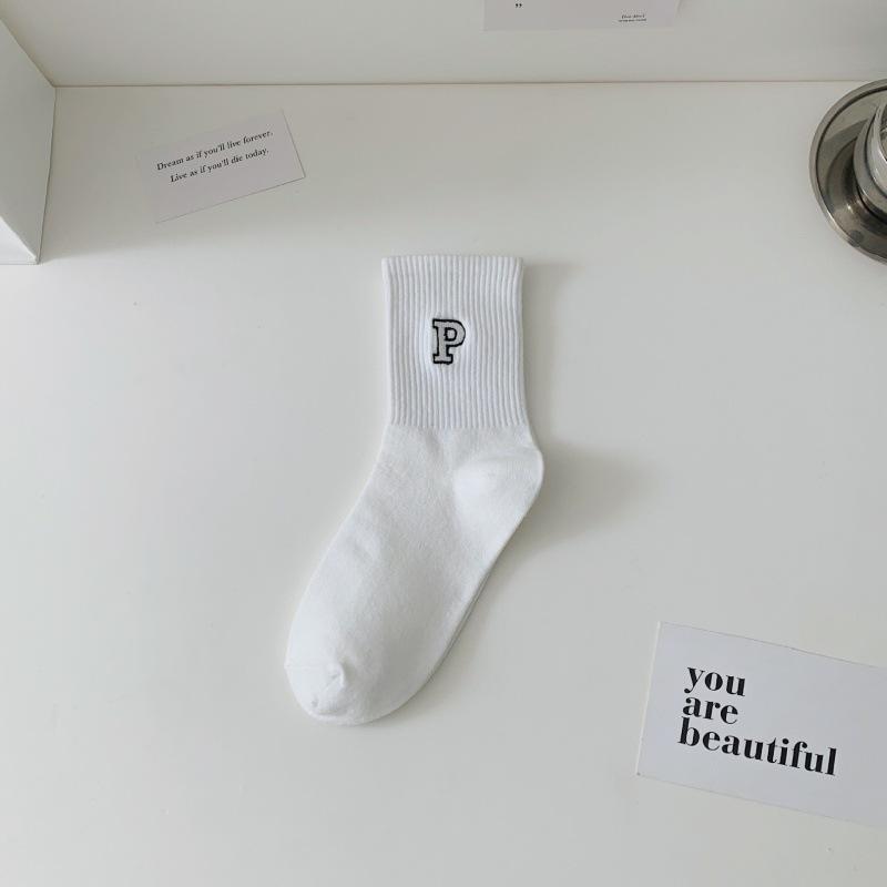Ladies Lovely Versatile Letter Embroidered Black White Collegiate Wind Tube Cotton Socks
