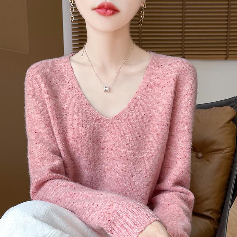 Women's 100% Wool V-Neck Slim Fit Sweater - Thick Knit Pullover for Autumn/Winter