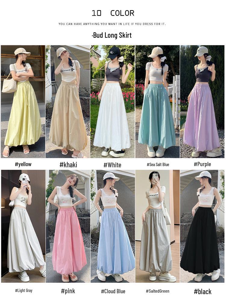 Damskirt med hög midja, elastisk, drapering och lykta, koreansk stil - Vår/Sommar