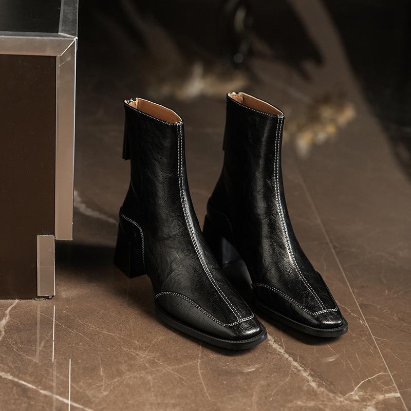 Retro Square Toe High Heel Ankle Boots for Women - Autumn/Winter Chunky Martin Boots In British Style, Red/Brown, 6CM Heel.