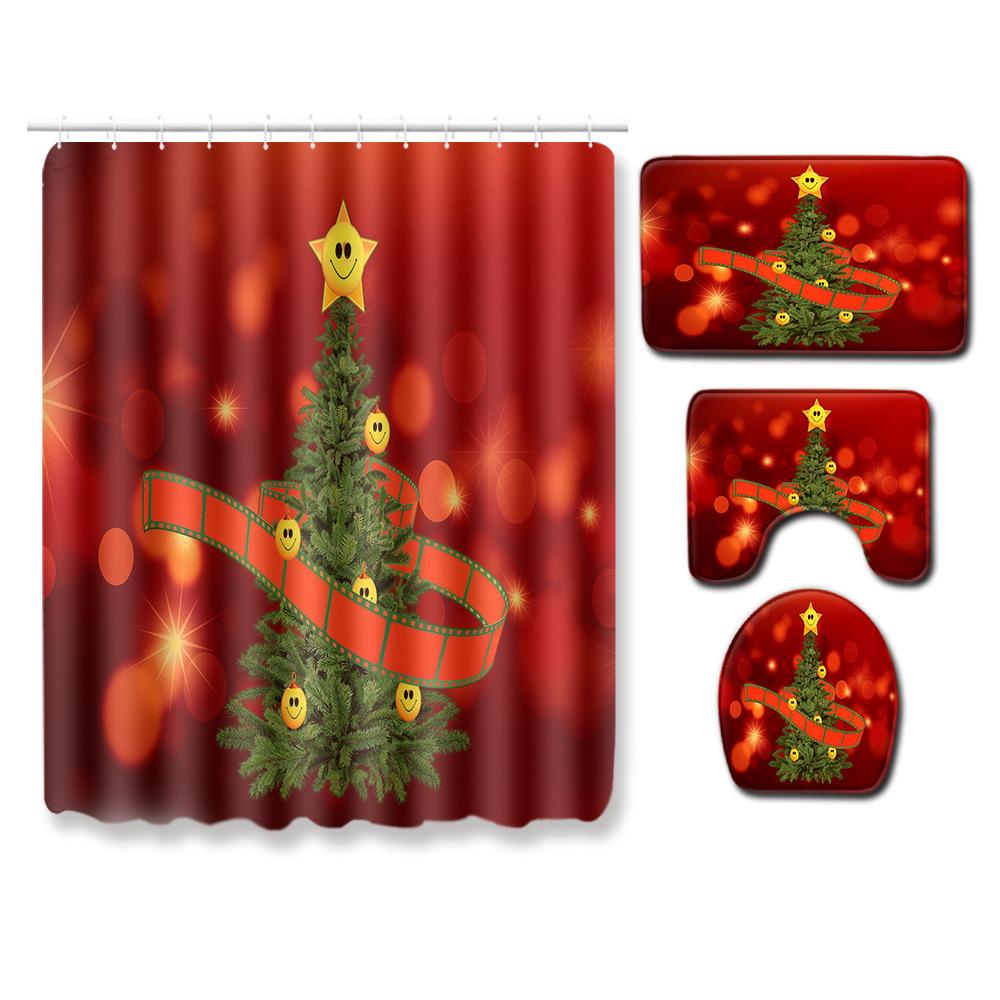 Christmas Shower Curtain Floor Mat Combination Four-Piece Set Bathroom Toilet Carpet Shower Room Mat Foot Mat