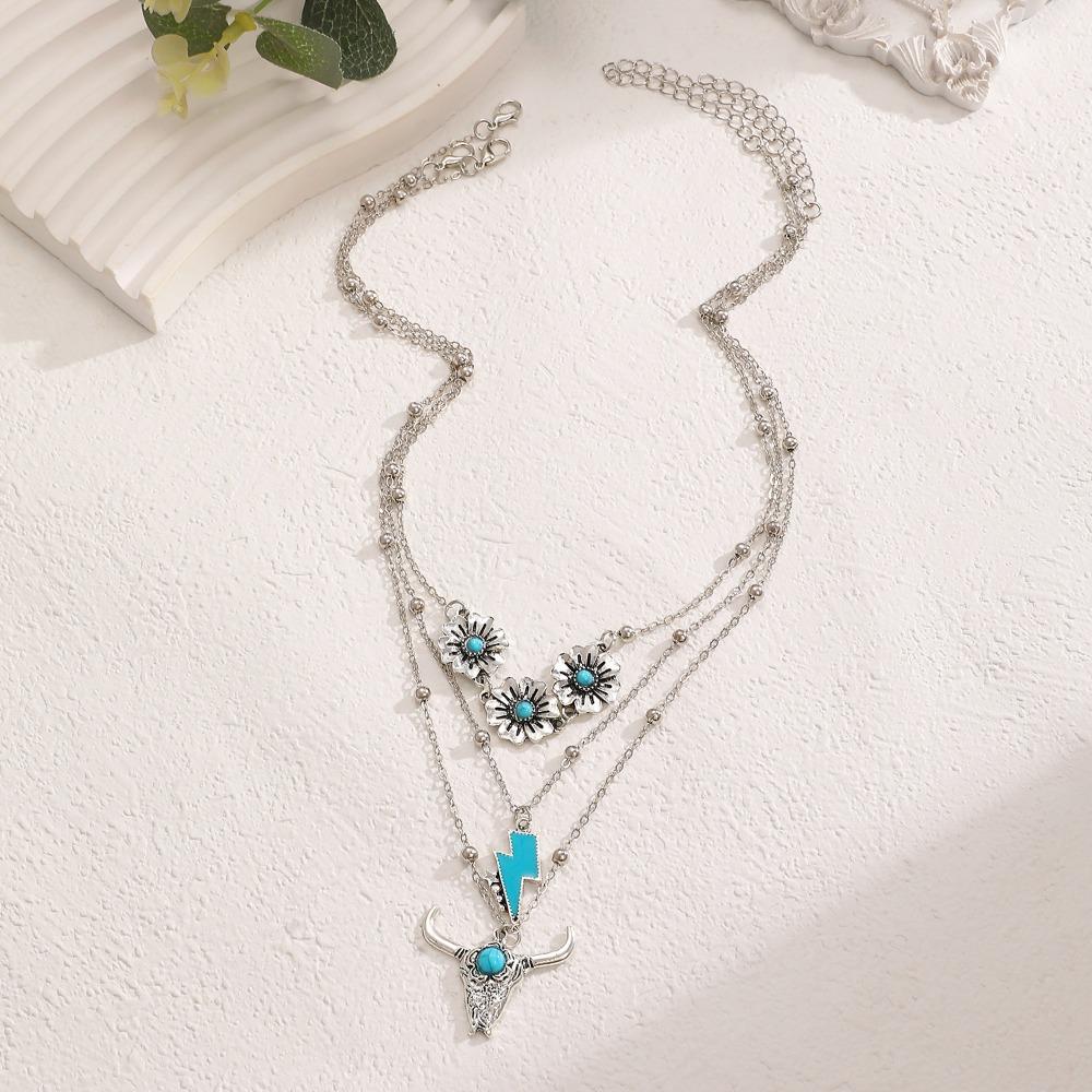 3pcs Set Bohemian Retro Inlay Turquoise Cactus Ox Head Pendant Beaded Multi-layer Necklace for Women Fashion Personality Jewelry