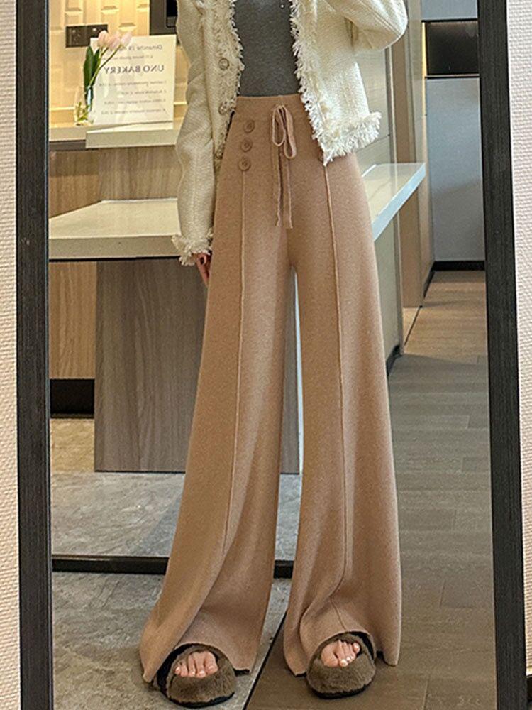 

Жіночі в язані штани з високою талією, що стрункі, з широкими штанинами - Осінньо-зимовий стиль, вільний крій, дизайн прямих штанин One Size хакі