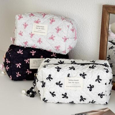 Fashion Square Women Clutch Makeup Bag Portable Cute Ladies Cosmetic Toiletry Storage Pouch Handbag Bow Print Zipper Bag