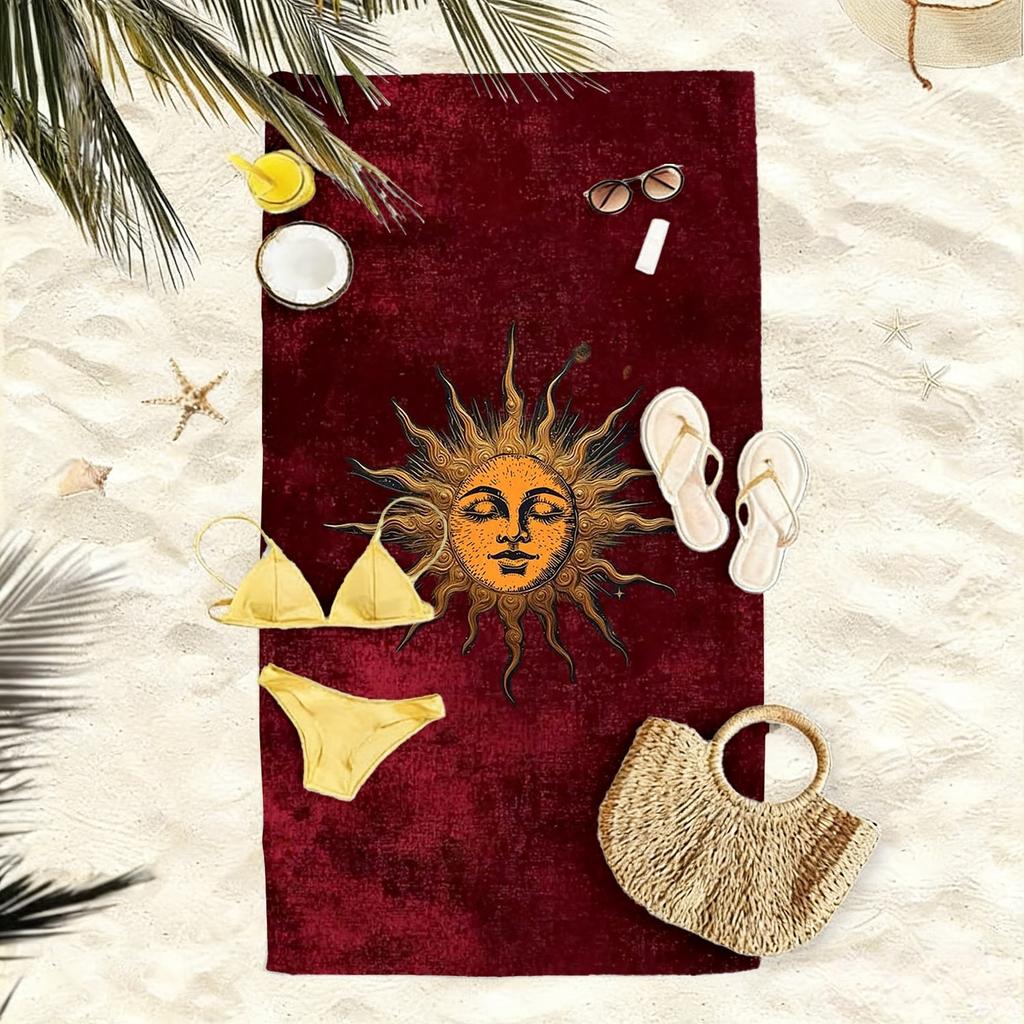1pc, Vintage Sun Totem Oversized Soft Beach Towel, Mysterious Pattern Print, Microfiber Bath Towel, Quick-Drying,Super Absorbent