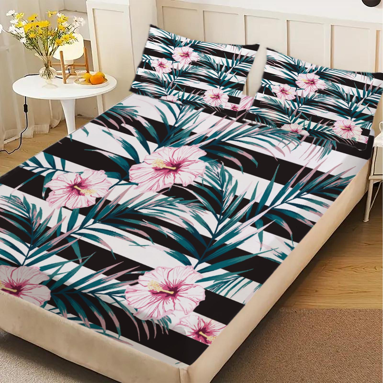 

3pcs Fitted Sheet Set Zebra Stripes Pink Flowers Green Leaves Bed Sheet With Pillowcases For Bedroom Decor 150x200x25cm