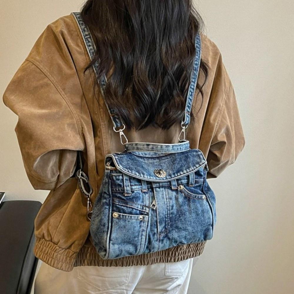 Women Vintage Multi Pocket Denim Backpack with Adjustable Strap for Daily Commute