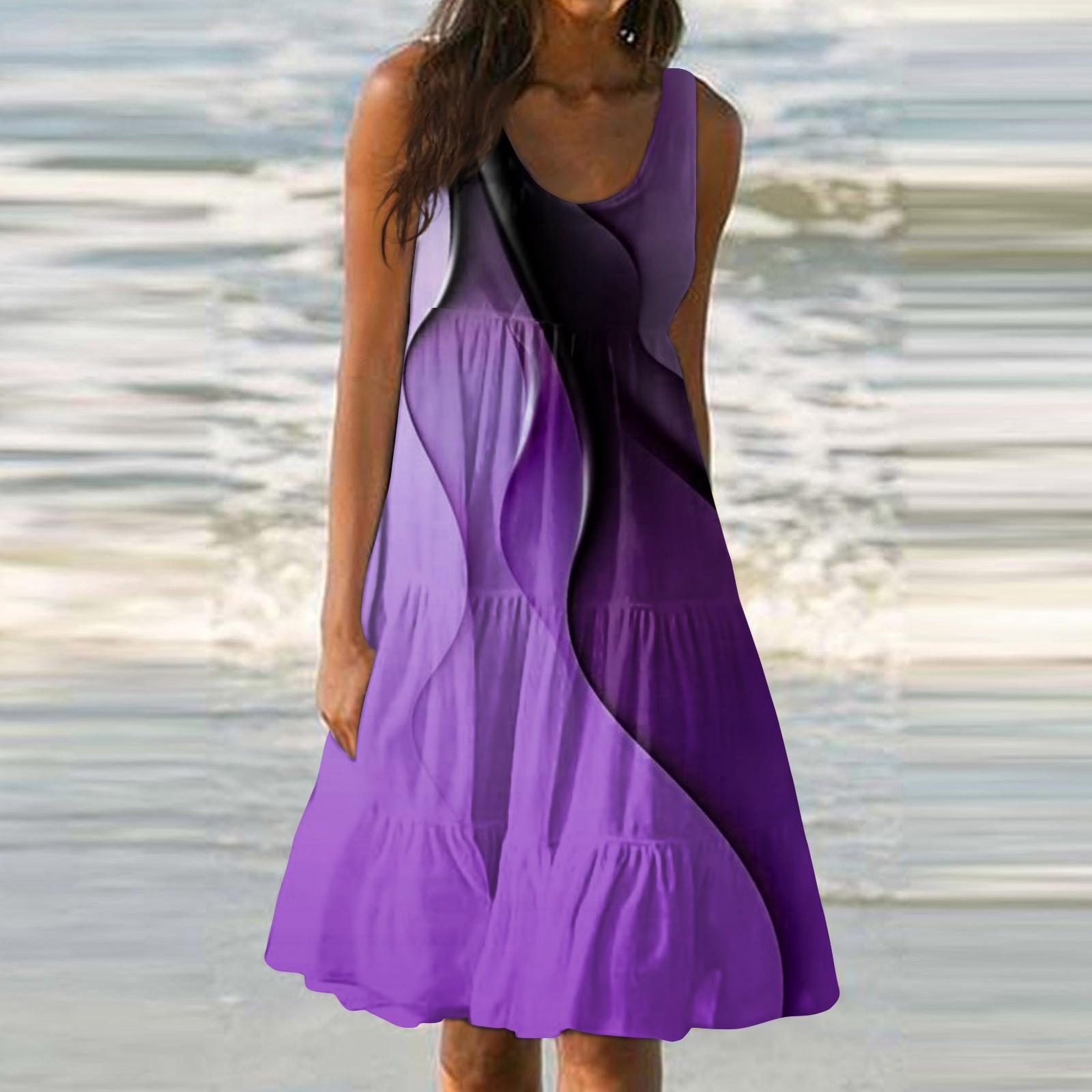 

Женское летнее модное свободное повседневное пляжное платье без рукавов с принтом XXL фиолетовый