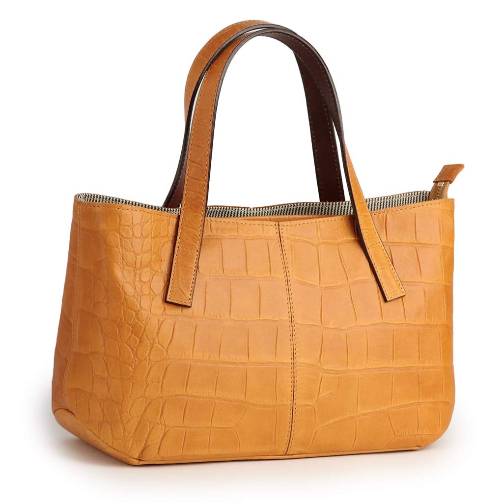Sakura Japanese-Made Genuine Leather Crocodile Embossed Tote Bag (Camel)