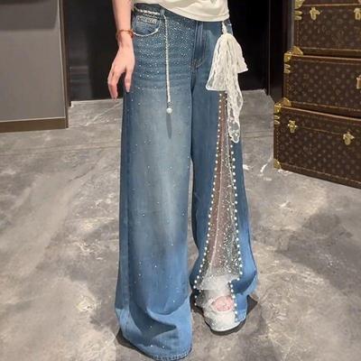 Autunno Inverno Donna Jeans in Denim Patchwork in Rete Y2K Streetwear Jeans Larghi Grunge Giapponese Harajuku Cowboy Tendenza Designer