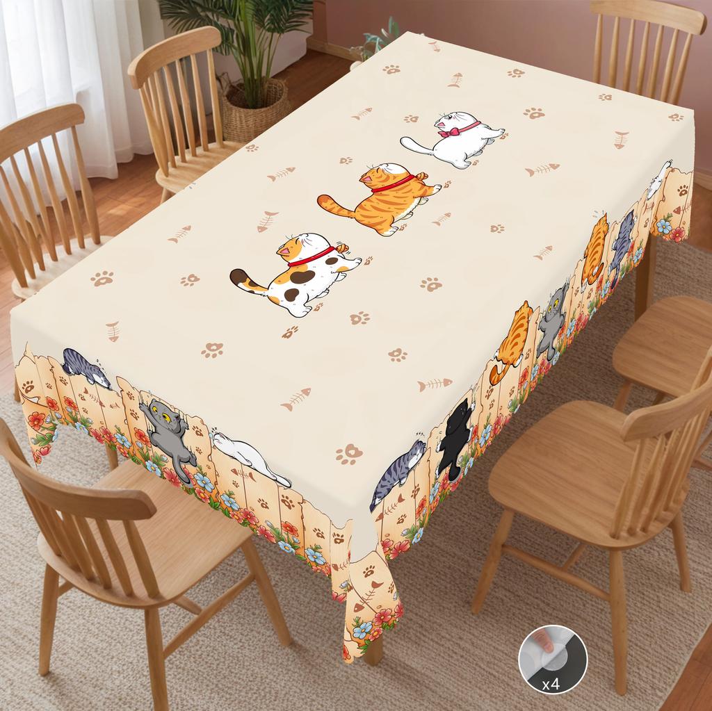 1 Piece of Cute Cartoon Cat Round and Rectangular Tablecloth, Available In 5 Sizes, Adorable Cartoon Cat Playful Pattern Print Deskcloth, Embossed Edg