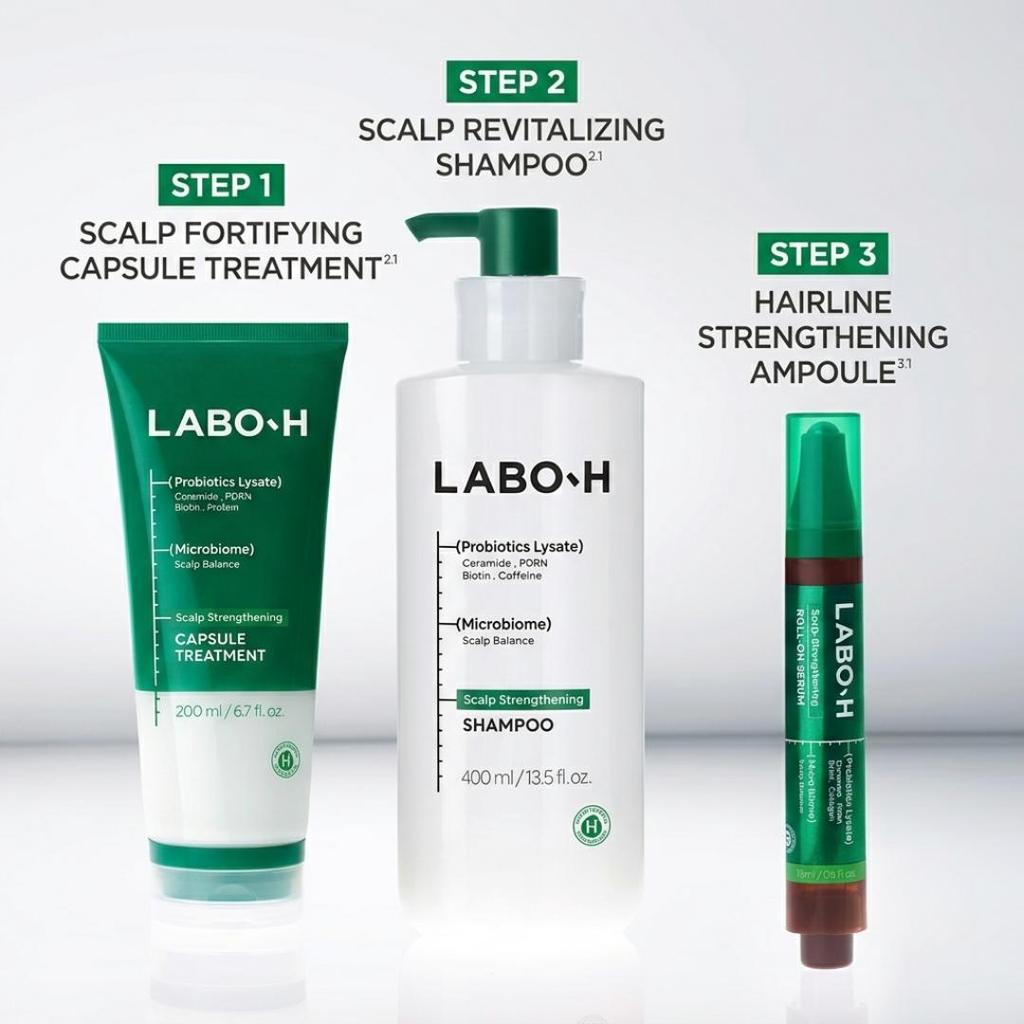 LABO-H Scalp Strengthening Clinic Mild Acidic Shampoo + Capsule Treatment + Roll-On Serum Set