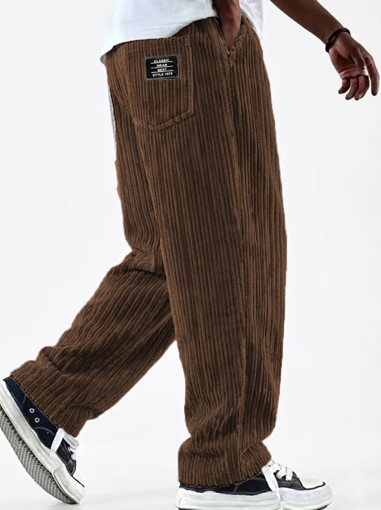 European & American Men's Wide Corduroy Logo Pocket Casual Loose Straight-Leg Pants 2026
