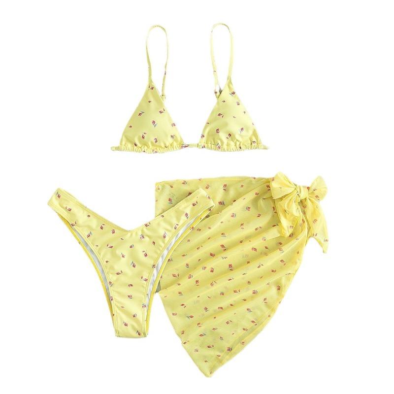 Yellow Floral Print Swimwear Mesh Cove Ups 3 Piece Bikini Set Damen Sexy Swimsuit Women 2026 Beach Wear Bikinis Swimming Wear