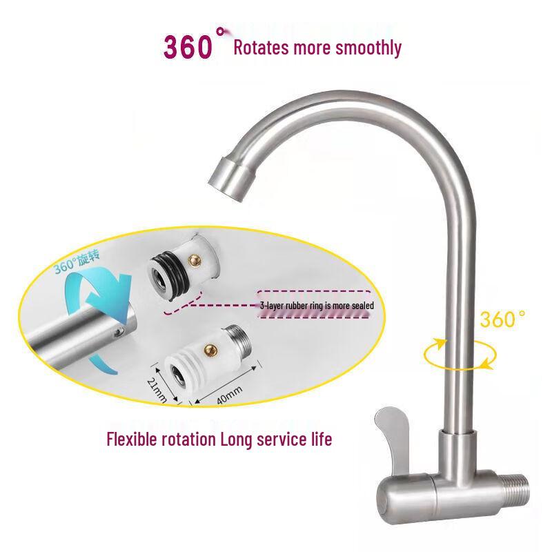 304 Stainless Steel Wall-Mounted Single Cold Kitchen Faucet with Rotary Spout