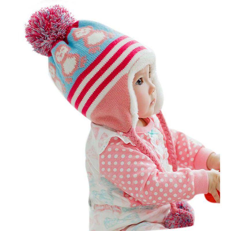 Cute Baby Toddler Girls Boys Penguin Fur Ball Knitted Winter Warm Cap With Elegant Design