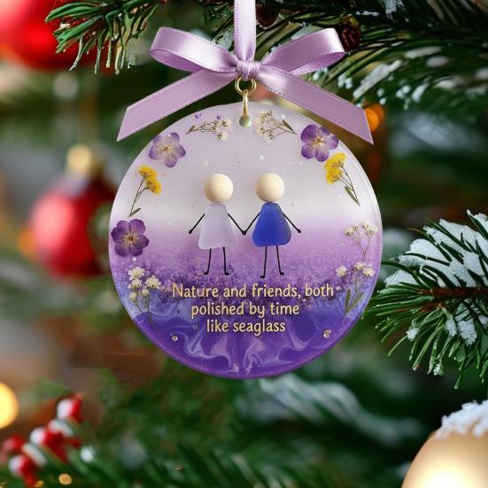 Sea Glass Friendship Ornament Round Handmade Sea Glass Christmas Tree Ornament with Heartwarming Message Friendship Gifts for Best Friends