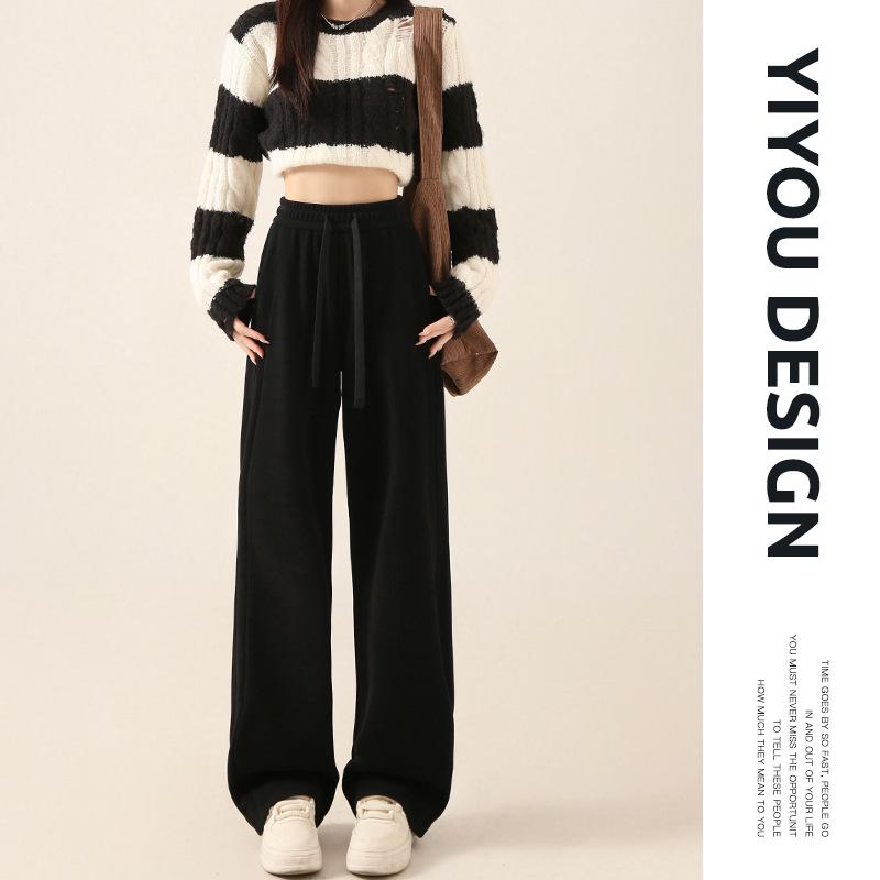 

Women s High Waist Khaki Chenille Fleece-Lined Wide Leg Pants - Spring/Winter Sport Casual L (53-59 kg)